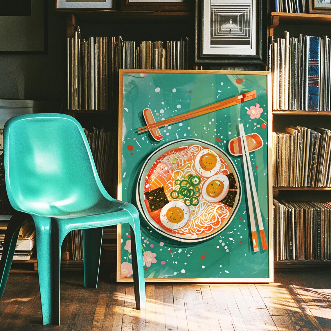 Ramen Bowl With Soft Egg On Teal Background Japanese Food Art Poster - Image 2