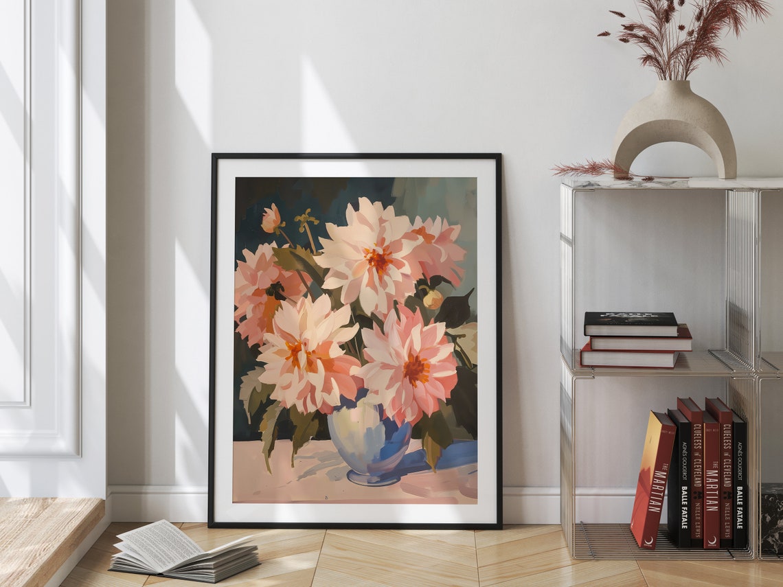 Pink Dahlia Bouquet Dark Vintage Moody Botanical Floral Poster - Image 2