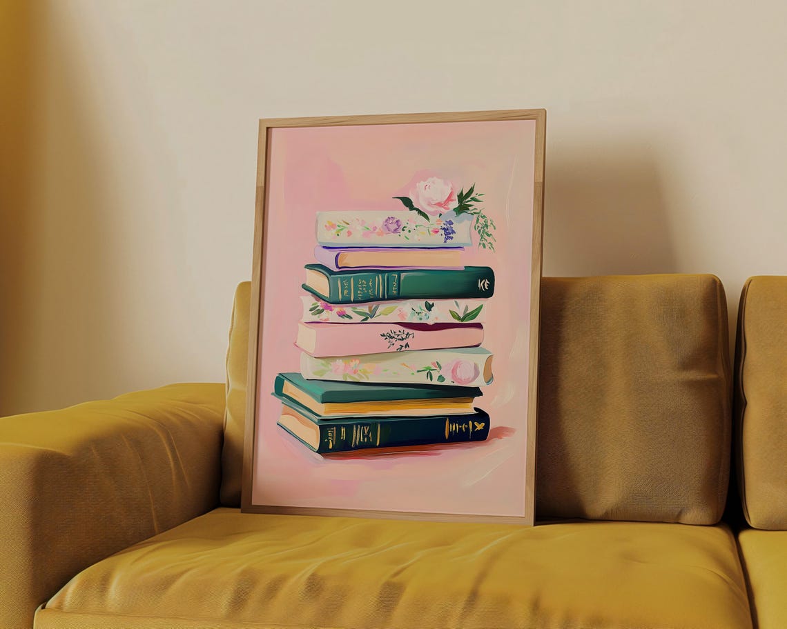 Stack of Vintage Books with Pink Roses Coquette Reading Decor Poster - Image 4