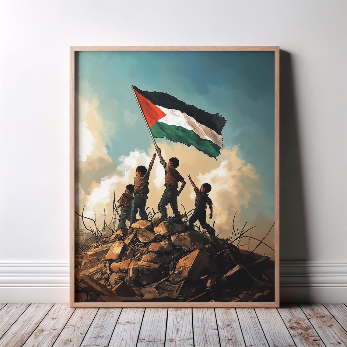 Palestine Children Raising Flag Over Rubble Hope Painting Poster