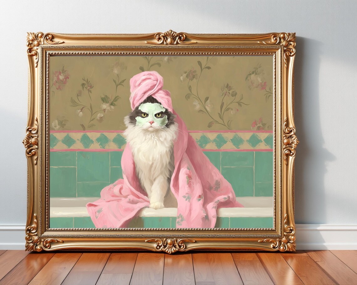 Funny Spa Day Cat Pink Towel Face Mask Vintage Bathroom Painting Poster