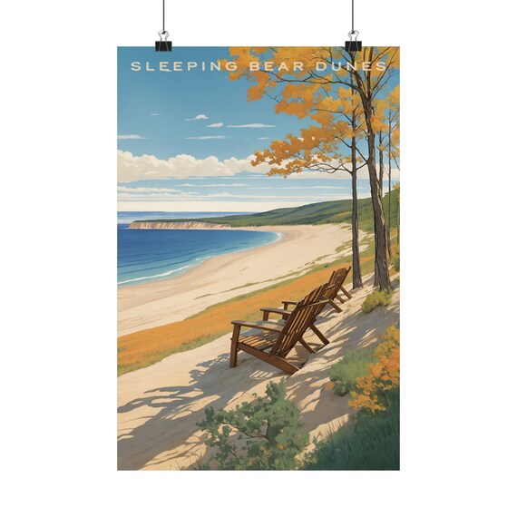 Sleeping Bear Dunes Michigan Beach Autumn Vintage Travel Wall Poster