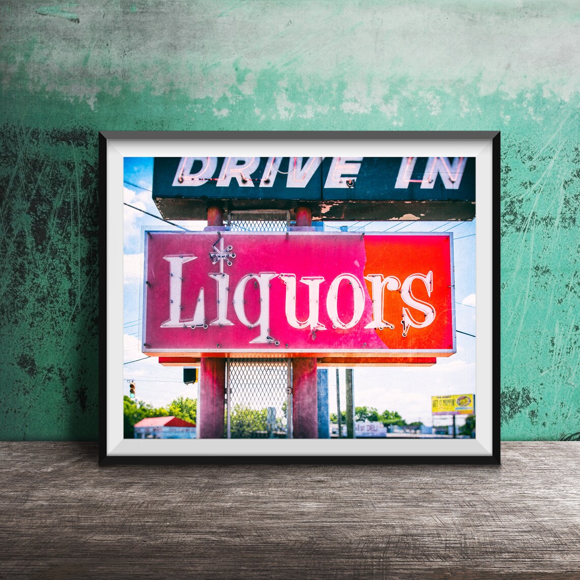 Liquors Drive In Retro Neon Sign, Mid-Century Poster