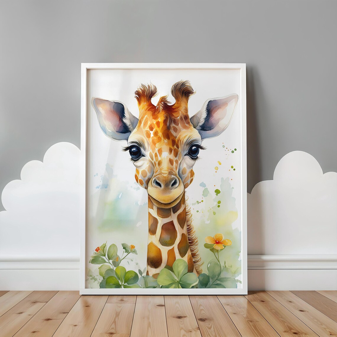 Watercolor Baby Giraffe With Wildflowers Nursery Animal Poster