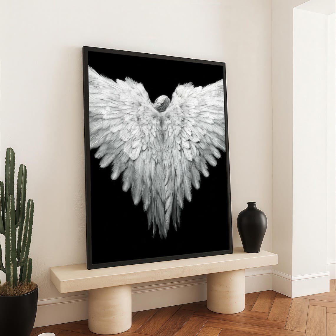 White Angel Wings Feathered Back View Black Canvas Art Print