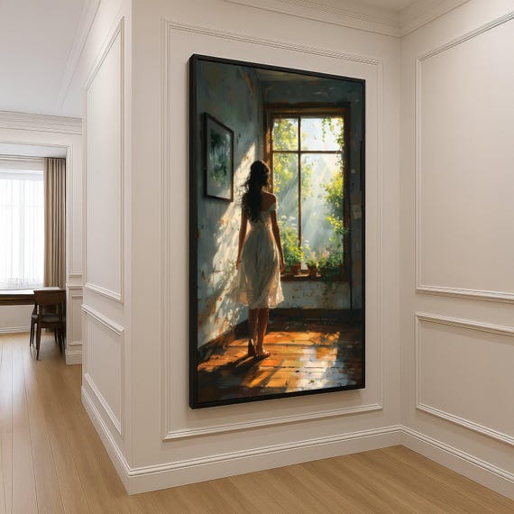 Sunlit Window Scene Canvas Woman In White Dress Wall Art Morning Light Home Decor Botanical Greenery Serene Interior Artwork