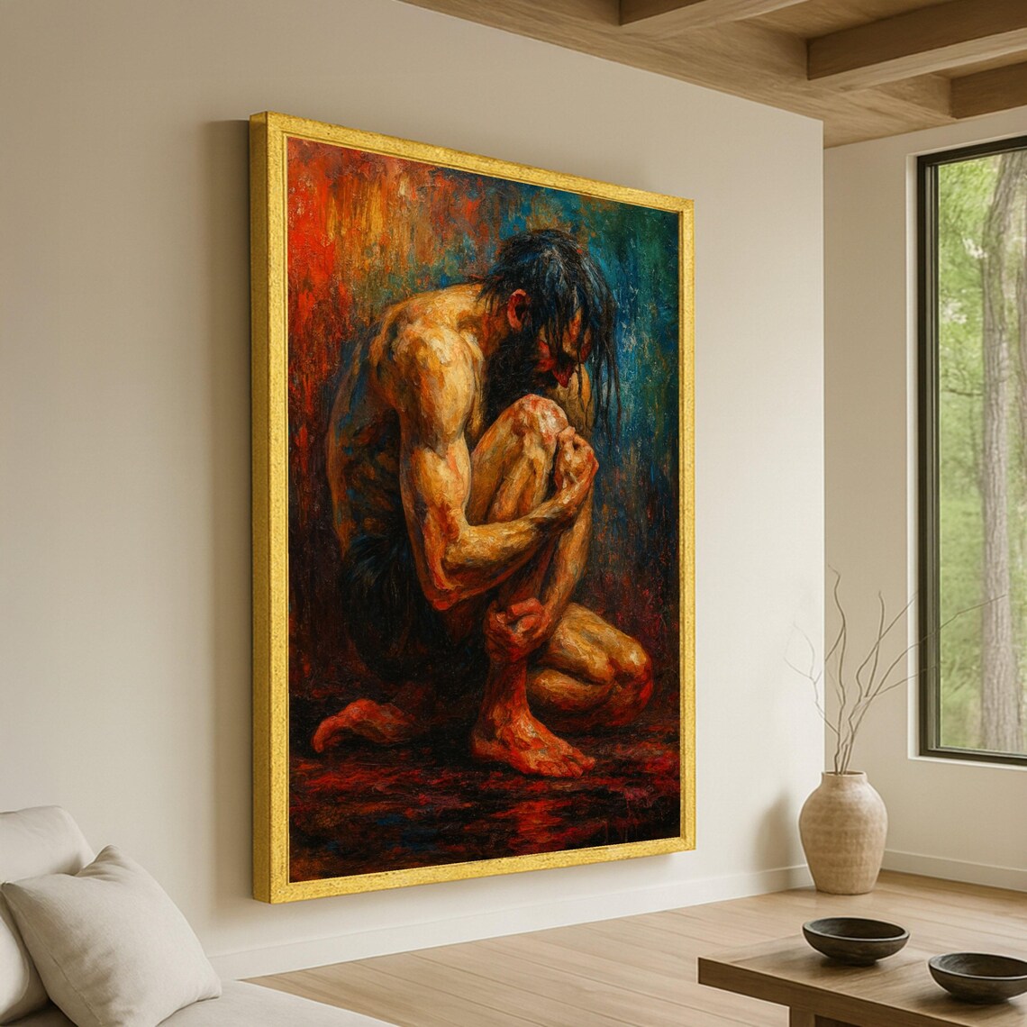 Crouching Male Figure Expressionist Oil Painting Red Blue Wall Art