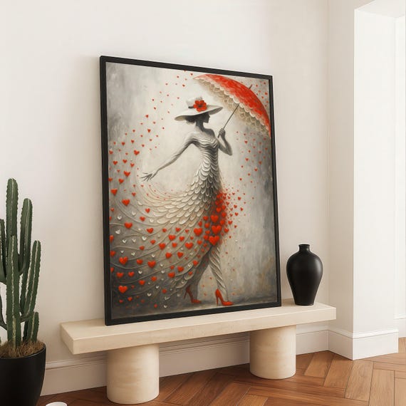 Elegant Lady With Red Umbrella Canvas Romantic Heart Pattern Wall Art Abstract Fashion Silhouette Modern Home Decoration