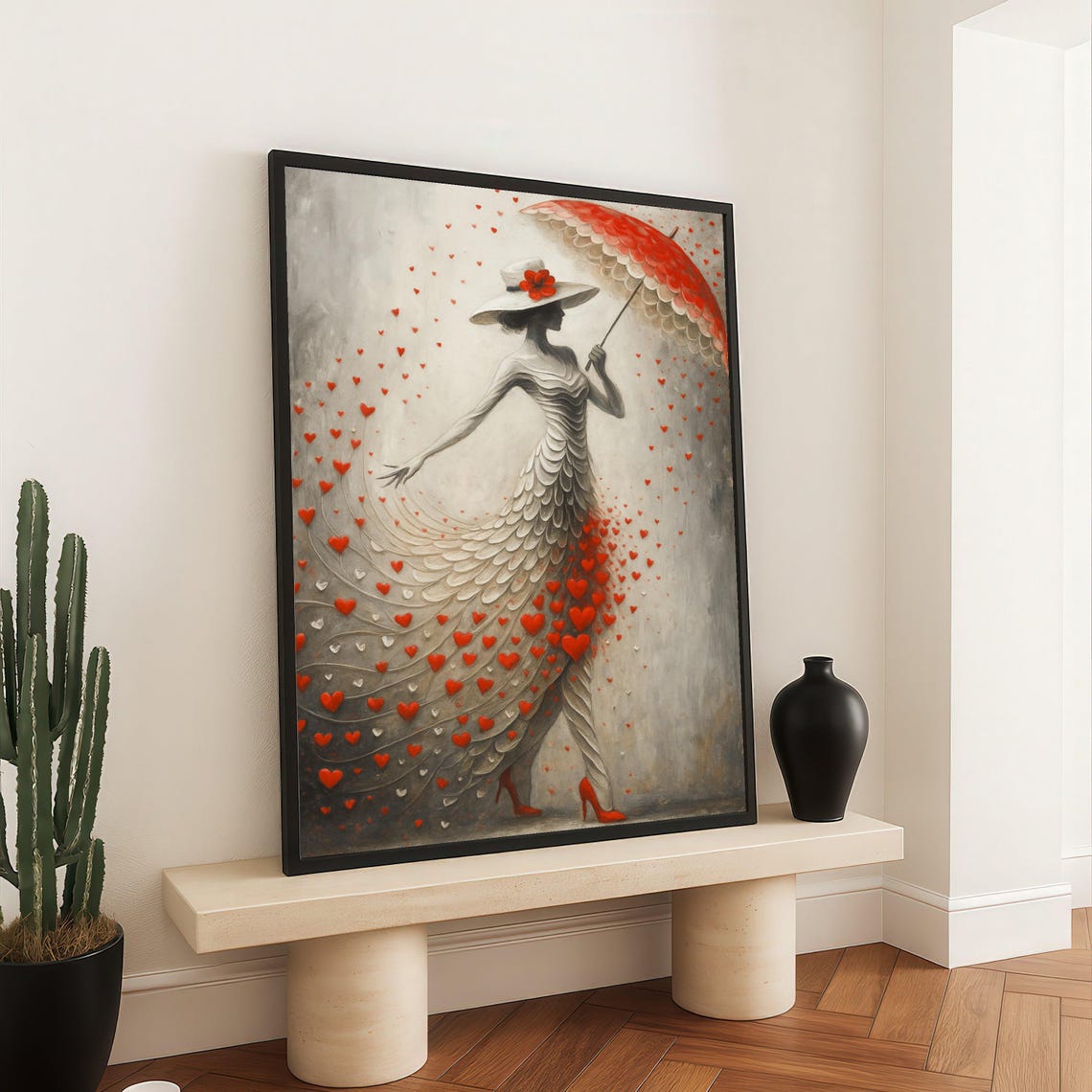 Elegant Lady With Red Umbrella Romantic Swirling Hearts Art Print