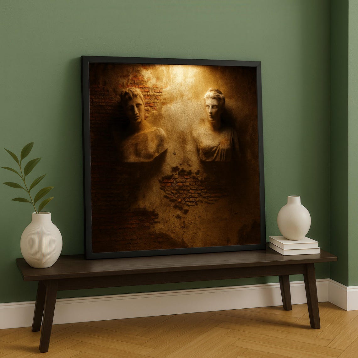 Classical Statue Busts Sepia Stone Wall Sculpture Museum Poster