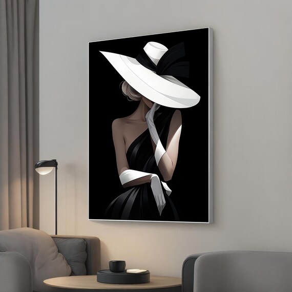 Timeless Black And White Fashion Lady Wide Brim Hat Canvas Poster
