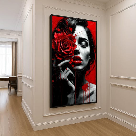 Dramatic Woman With Red Rose Canvas Abstract Portrait Wall Art Modern Expressionist Bold And Black Decor Ready To Hang