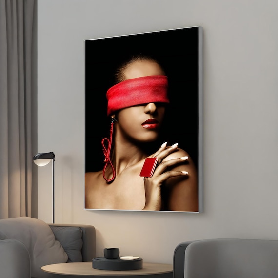 Blindfolded Woman Red Blindfold Beauty Portrait Dark Glamour Poster