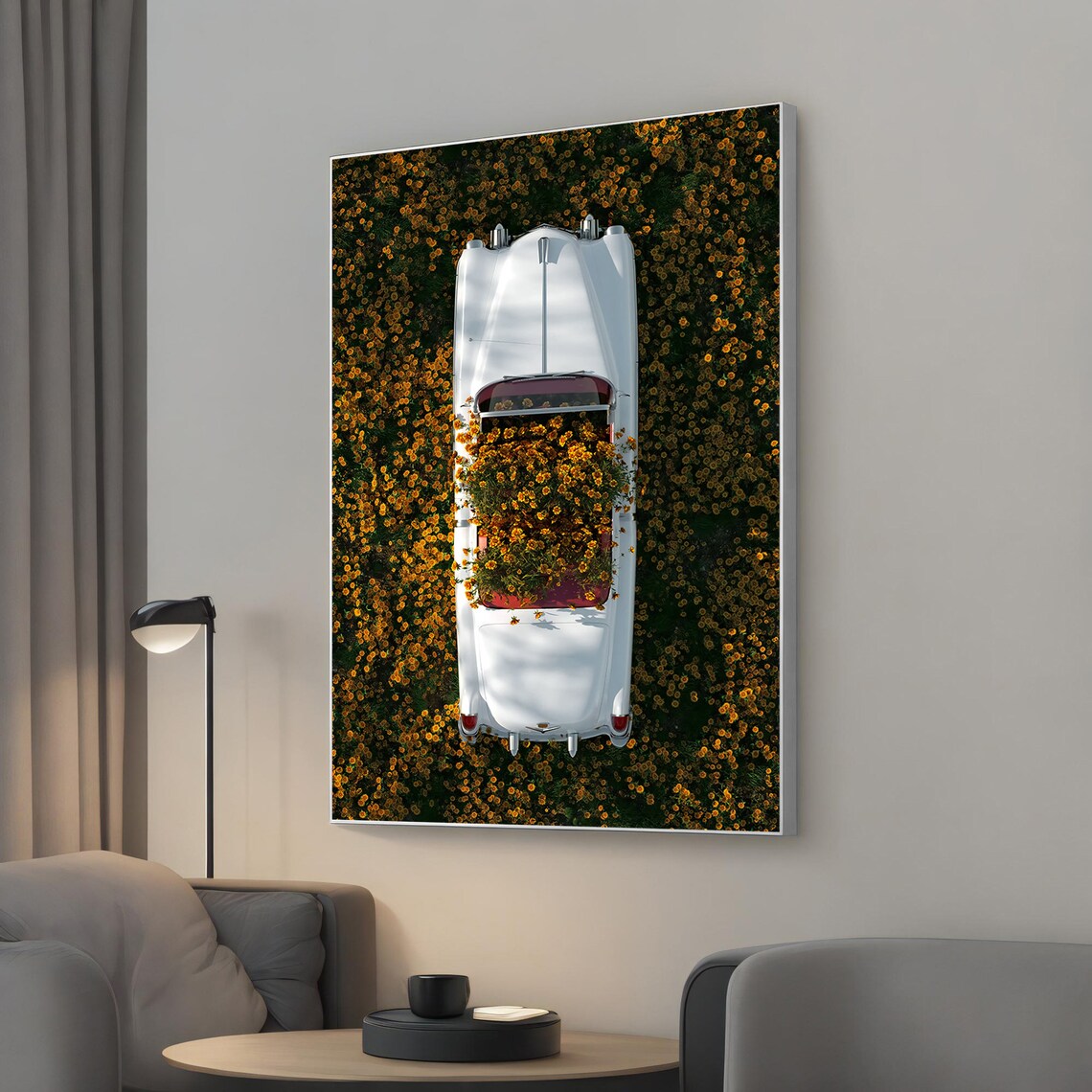 Vintage White Convertible in Flower Field Aerial View Art Poster