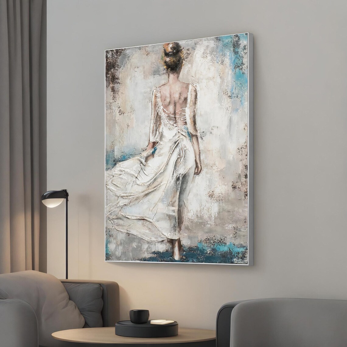 Graceful Woman In Flowing White Dress Walking Away Painting Poster