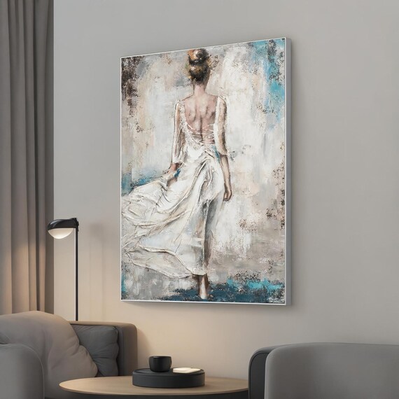 Graceful Woman In Flowing White Dress Walking Away Painting Poster
