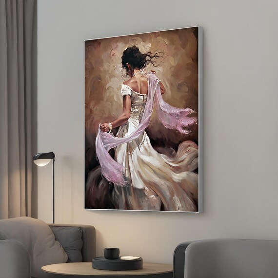 Dancing Woman In White Dress Canvas Painting Elegant Dance Artwork For Modern Wall Decor Stylish Gift Art Lovers