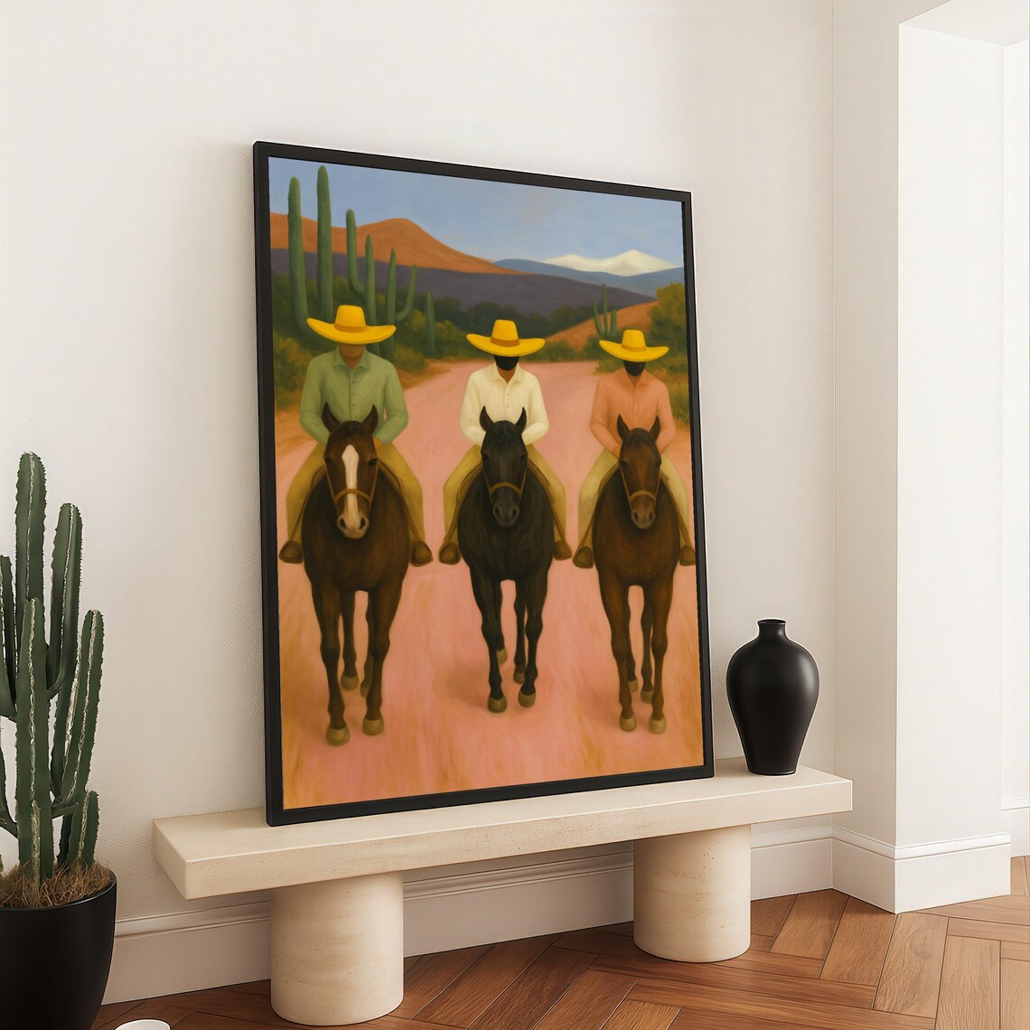 Three Horse Riders Pink Desert Southwestern Cowboy Scene Wall Art