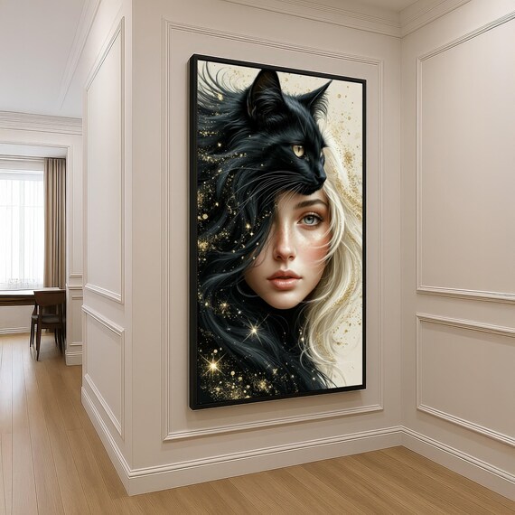 Woman Black Cat Golden Fantasy Portrait Magical Feline Art Poster