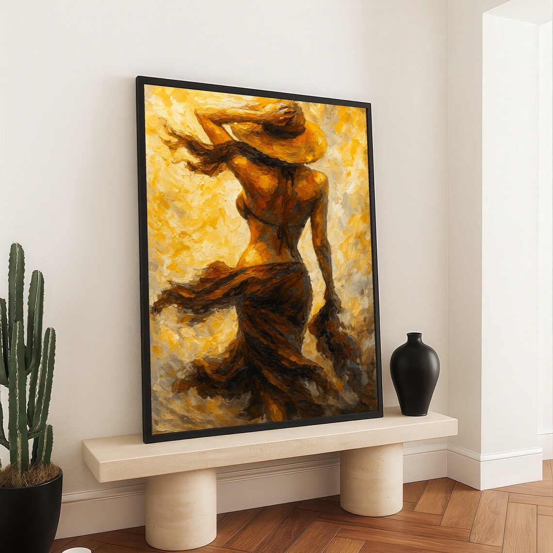 Beach Woman Straw Hat Golden Wind Sunlit Oil Painting Wall Art