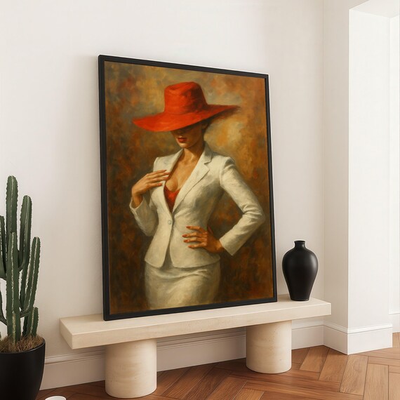Elegant Woman In Red Hat Canvas Fashion Portrait Wall Art Classic Style Sophisticated Home Dcor Artistic Figure Painting