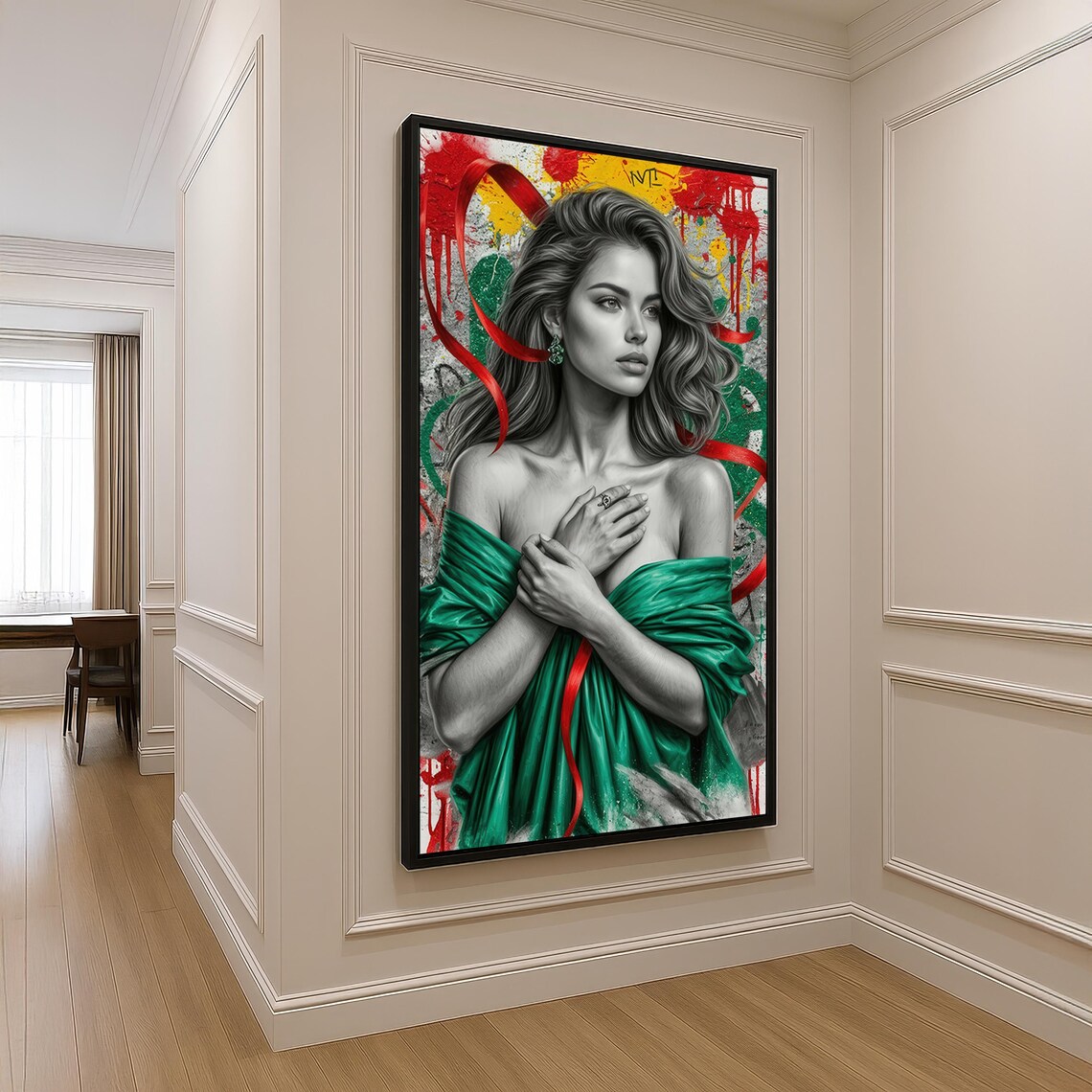Graffiti Woman Portrait Green Drape Street Art Black and White Wall Art