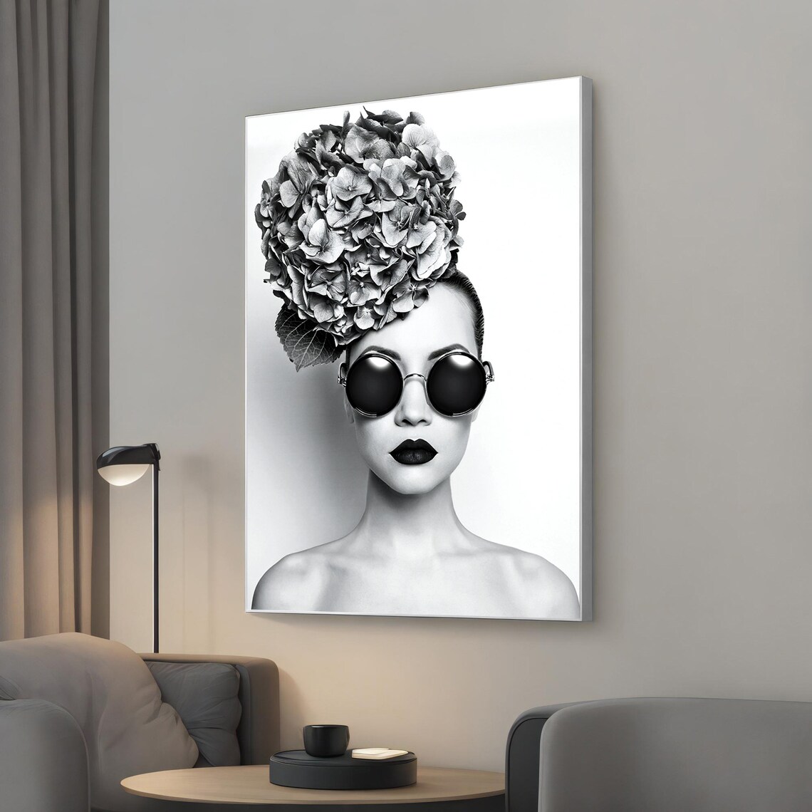 Monochrome Bloom Woman With Hydrangea Sunglasses Fashion Wall Art