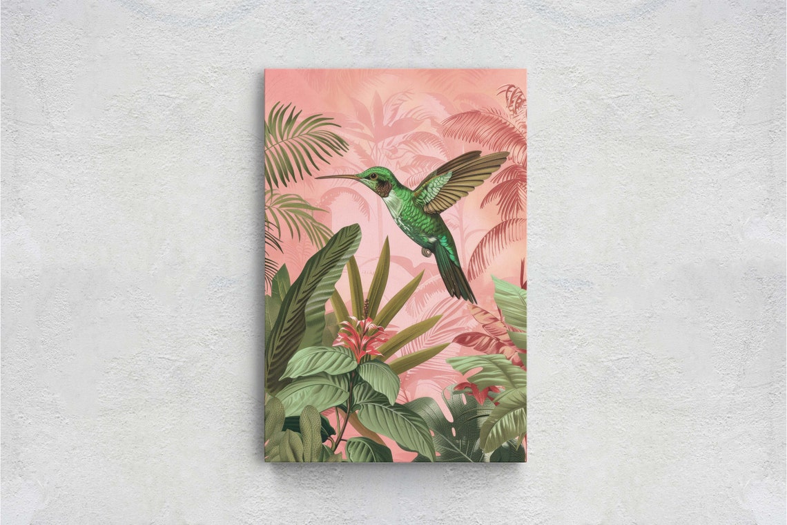 Green Hummingbird Pink Tropical Foliage Exotic Jungle Art Poster - Image 2