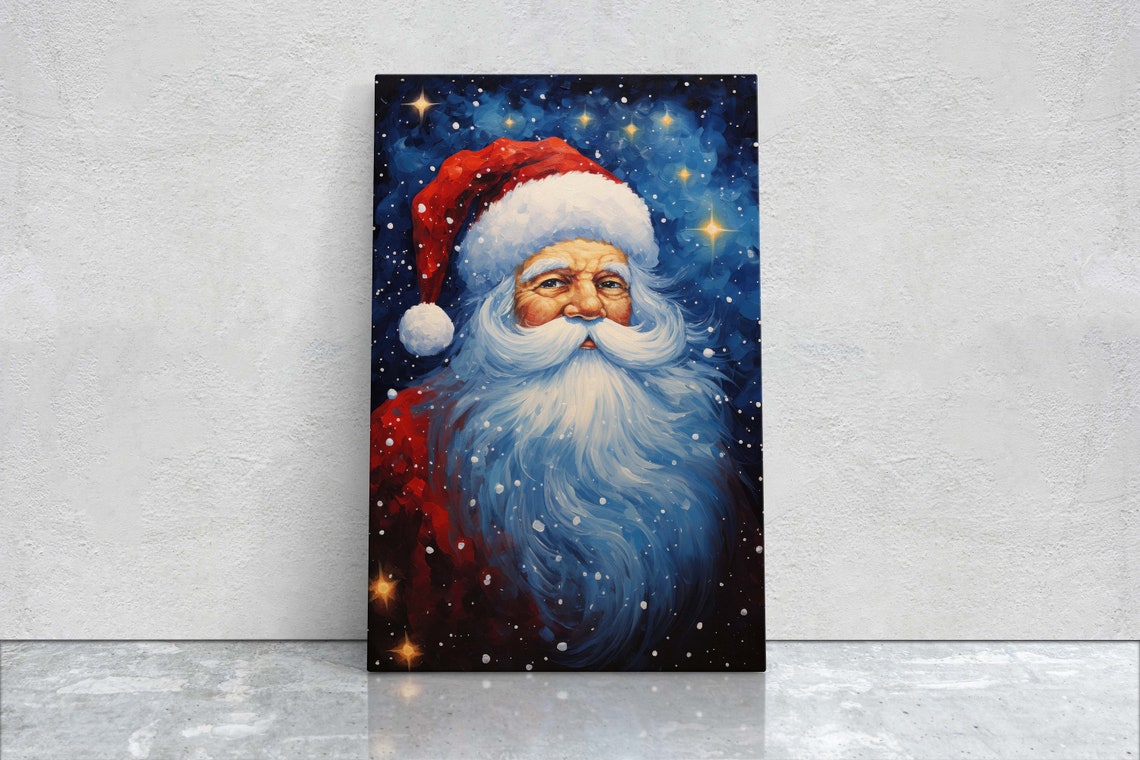 Santa Claus Portrait Starry Night Red Suit Blue Beard Christmas Poster