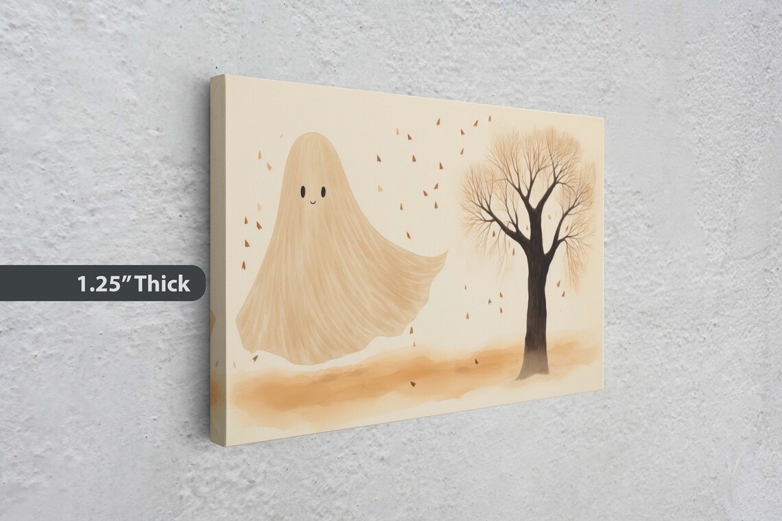 Cute Friendly Ghost Falling Leaves Bare Tree Cream Halloween Art Poster - Image 3