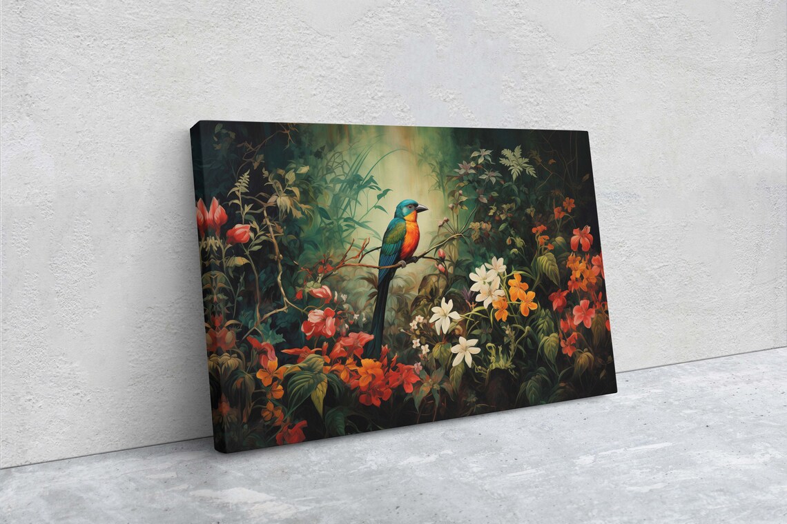 Colorful Songbird Dark Jungle Red Flowers Moody Tropical Art Poster - Image 2