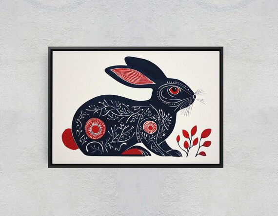 Black Folk Art Rabbit Red Floral Pattern Linocut Style Bunny Print