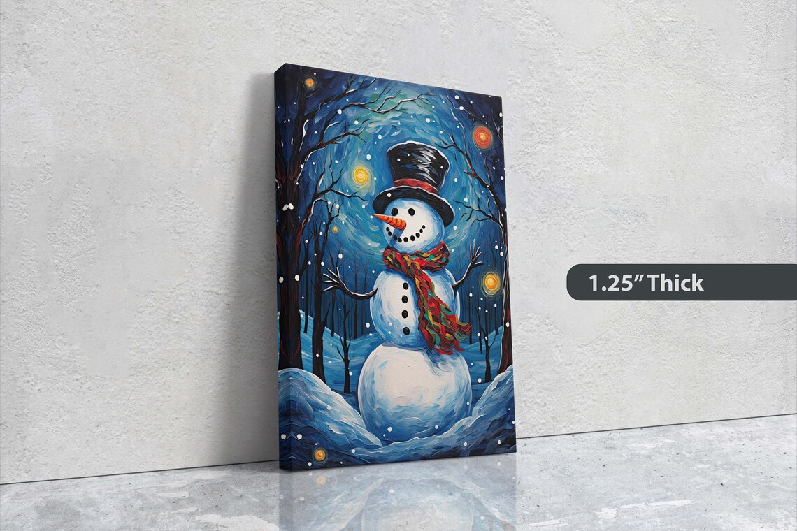 Starry Night Snowman Top Hat Red Scarf Snowfall Winter Art Poster - Image 3