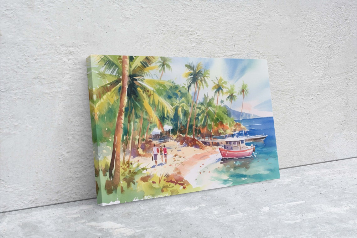 Tropical Beach Palm Trees Red Boat Ocean Cove Watercolor Art Poster - Image 2