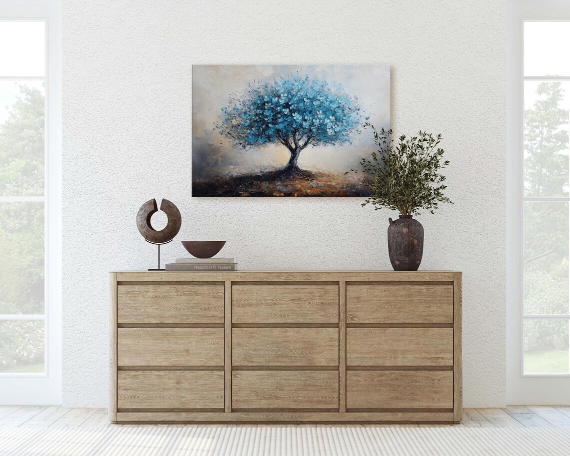 Blue Blossom Tree On Misty Beige Fantasy Floral Wall Art Poster - Image 2