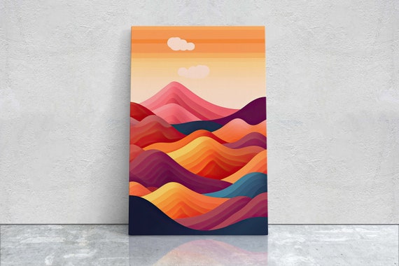 Minimalist Mountains Sunset Decor Flat Art Vibrant Color Bold Art Vertical Abstract Mountain Mid Century Modern Scandinavian Print