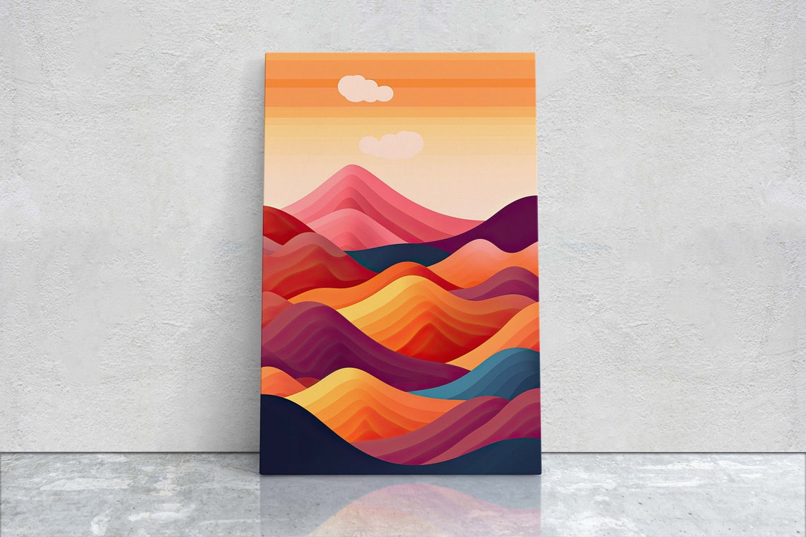 Minimalist Mountains Sunset Decor Flat Art Vibrant Color Bold Art Vertical Abstract Mountain Mid Century Modern Scandinavian Print