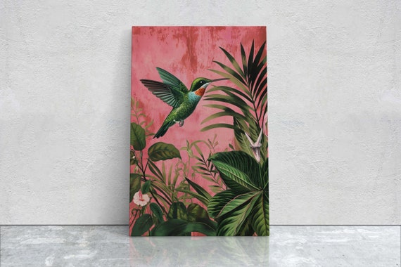 Hummingbird Print Pink Tropical Botanical Jungle Maximalist Decor Framed Extra Large Print Exotic Bird Vintage Bold