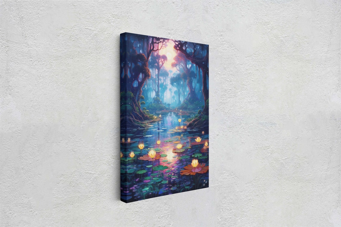 Magical Enchanted Pond Glowing Lotus Flowers Fantasy Forest Art Poster - Image 2