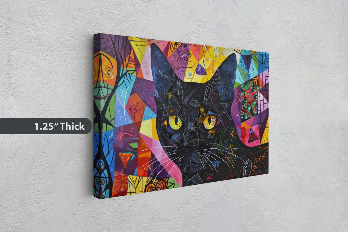 Black Cat Geometric Cubist Colorful Background Whimsical Art Poster - Image 3