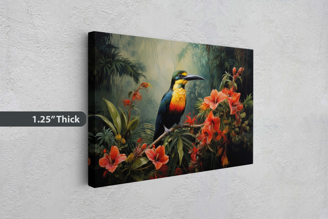 Colorful Beak Bird Red Jungle Flowers Misty Rainforest Art Poster - Image 3