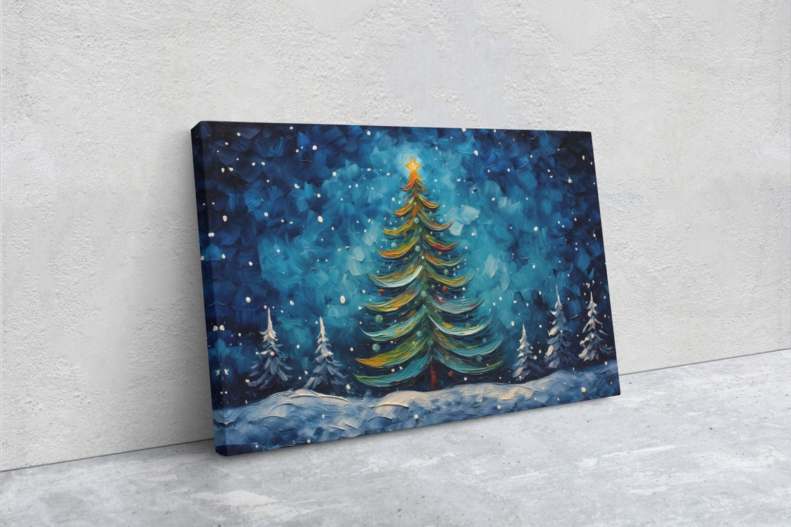 Christmas Tree Snowy Night Star Lights Winter Forest Painting Poster - Image 2