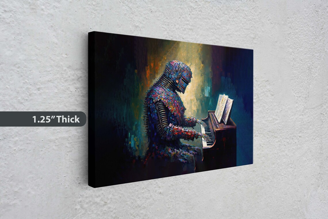 Mosaic Robot Playing Piano Spotlight Surreal Colorful Canvas Art Poster - Image 3