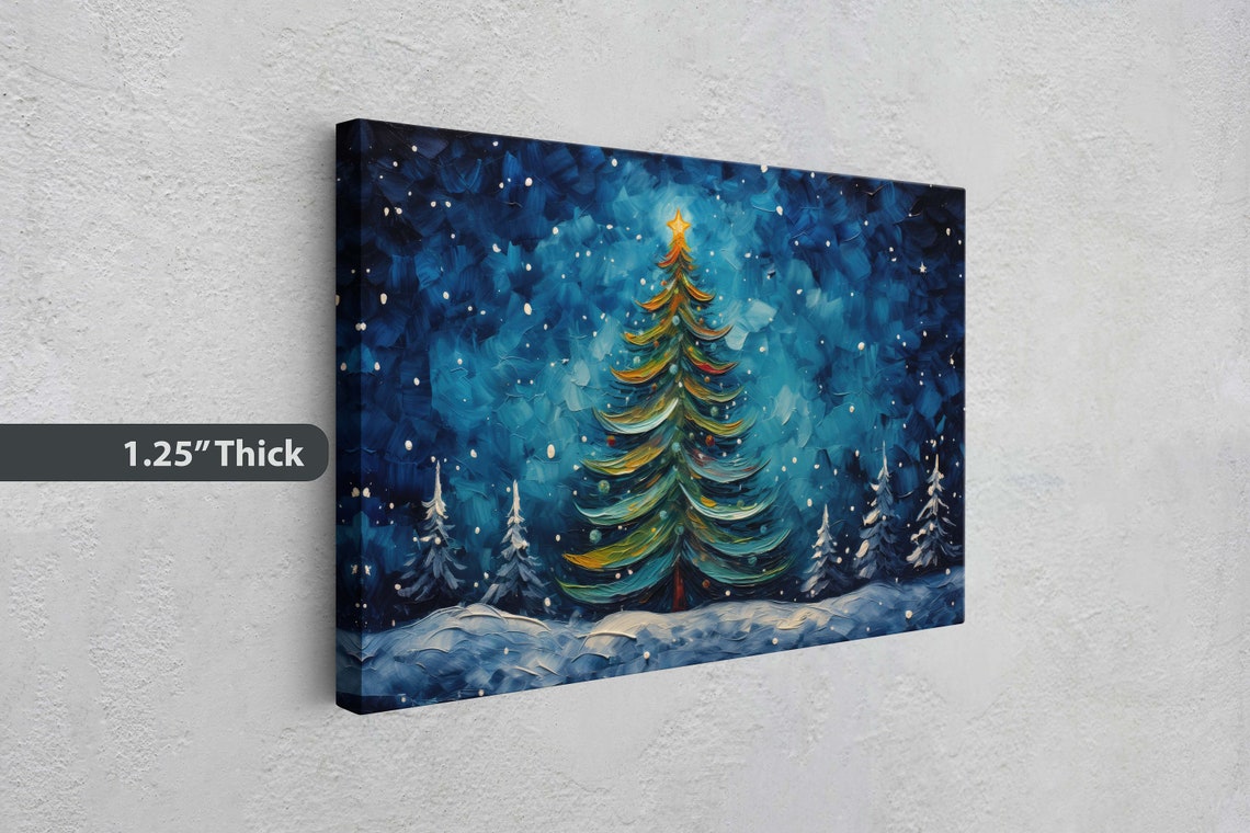 Christmas Tree Snowy Night Star Lights Winter Forest Painting Poster - Image 3