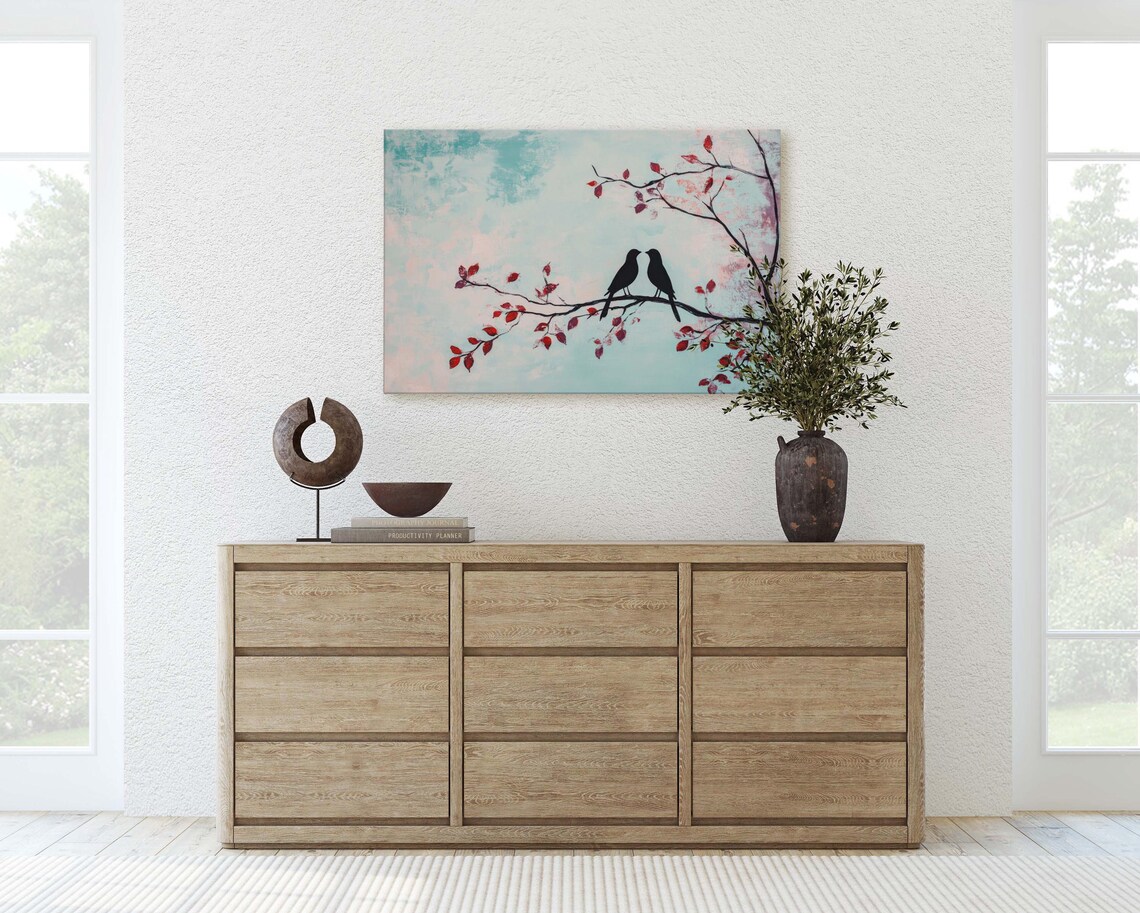 Black Love Birds Silhouette On Red Leaf Branch Pastel Art Poster - Image 3