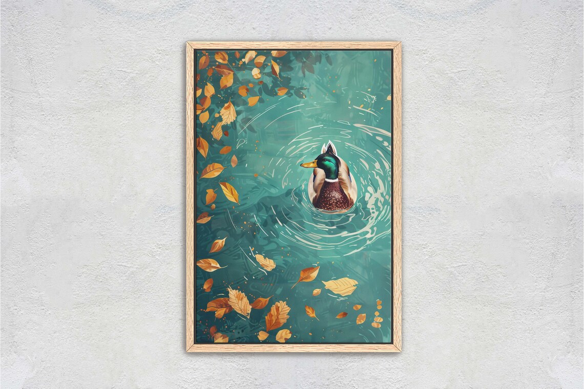 Mallard Duck In Lake, Fall Leaves Wall Art Print