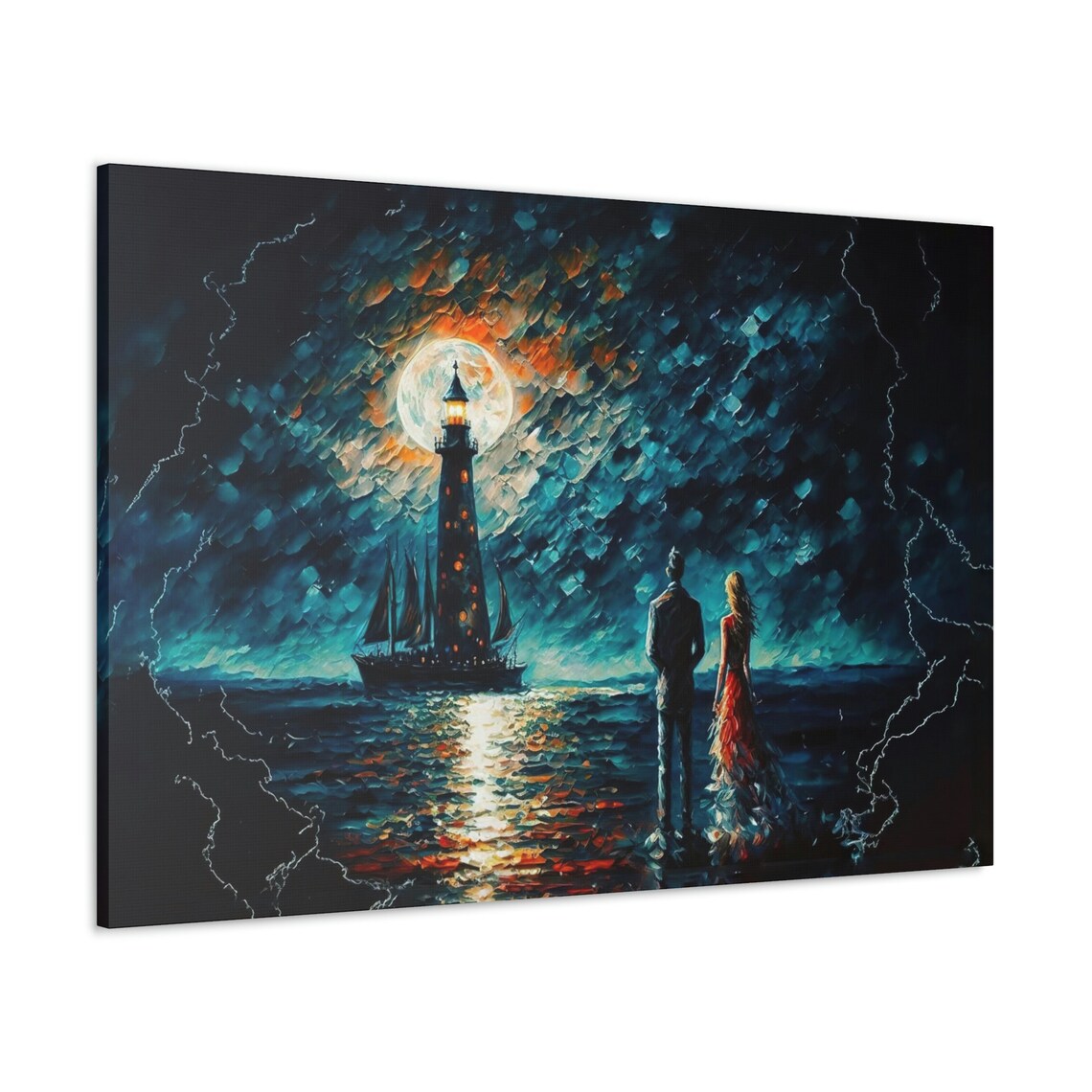 Couple Overlooking Lighthouse, Romantic Coastal Scene - Image 3