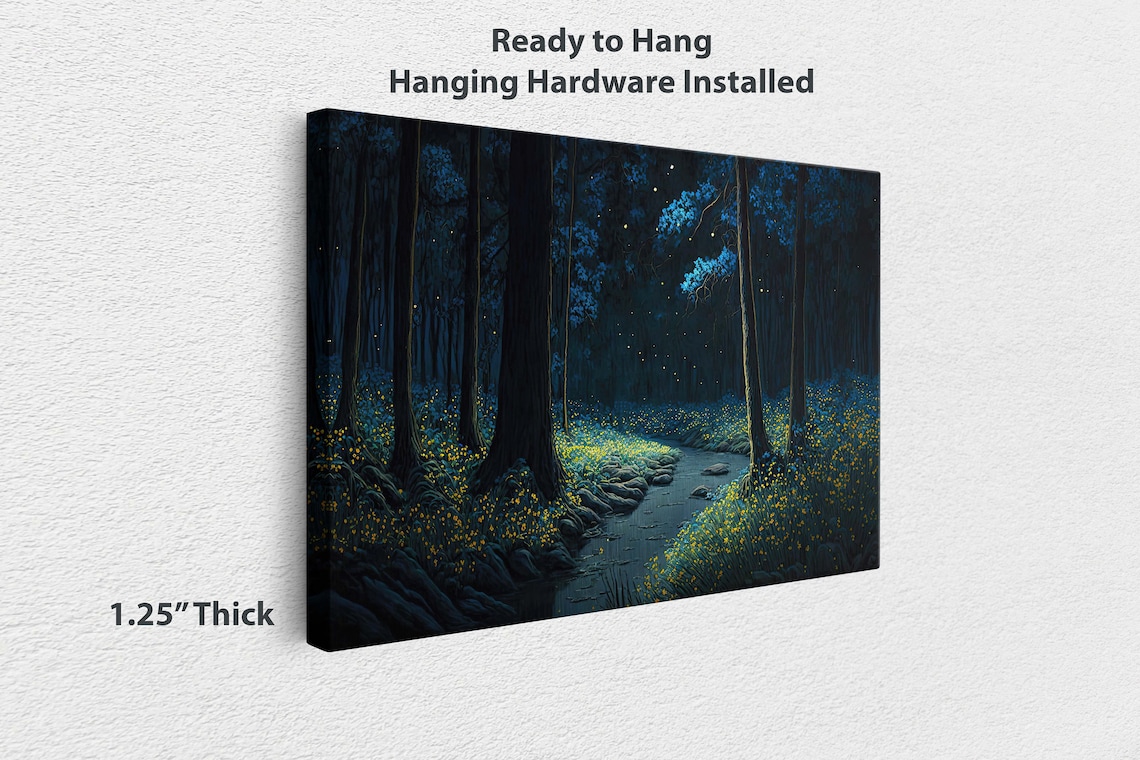 Mystical Forest At Night Fireflies Art Ready To Hang Large Print Painting - Image 3