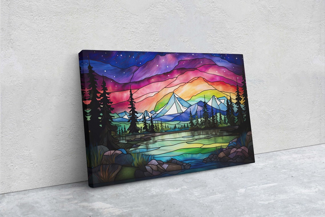 Aurora Borealis Painting Night Moon Mountains Mountain Landscape Framed Cold Mountains Snow Peaks - Image 2