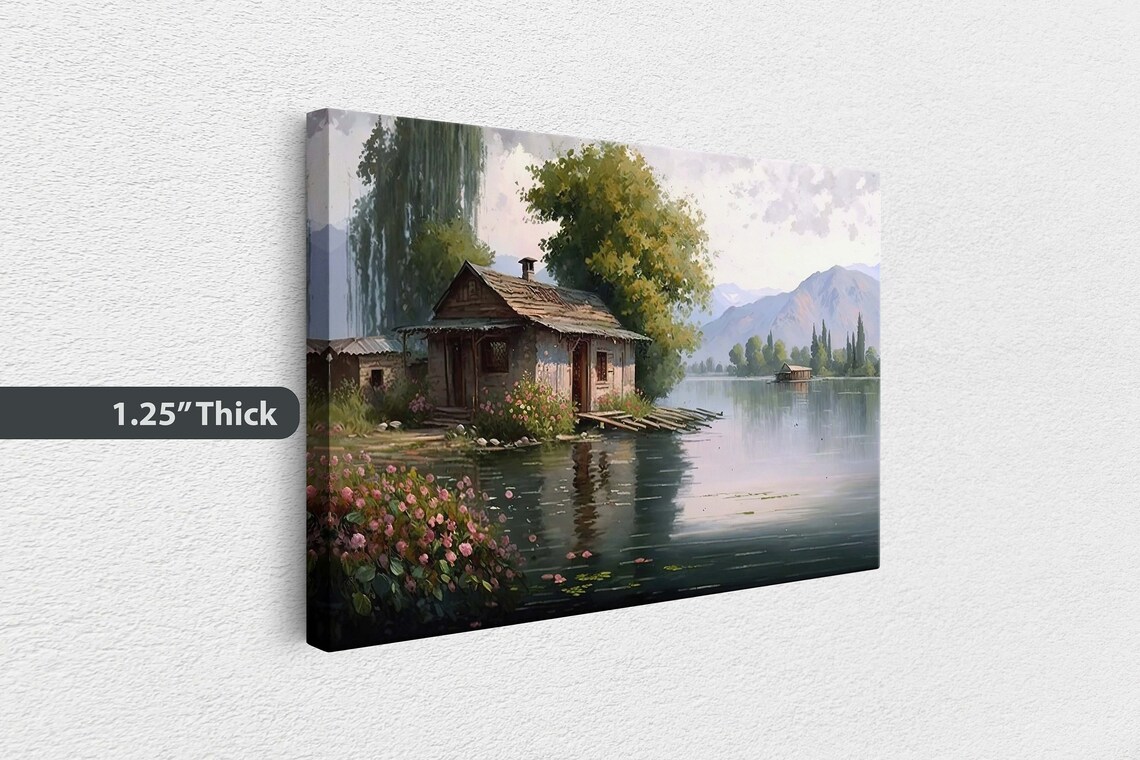 Lakeside Cottage Wildflower Garden Calm Lake Reflection Village Poster - Image 3